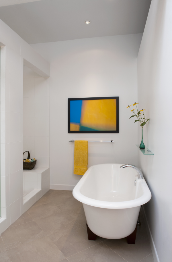 "My design challenge was to create a serene, simple, open master bath to display an artist’s pottery and art, relate to a gardener’s landscape, and honor the existing contemporary architecture. From its functional, comfortable tub size to its earthy, Asian-inspired mahogany legs, the Victoria and Albert Deauville fit this concept perfectly." –Mary Jane Pappas